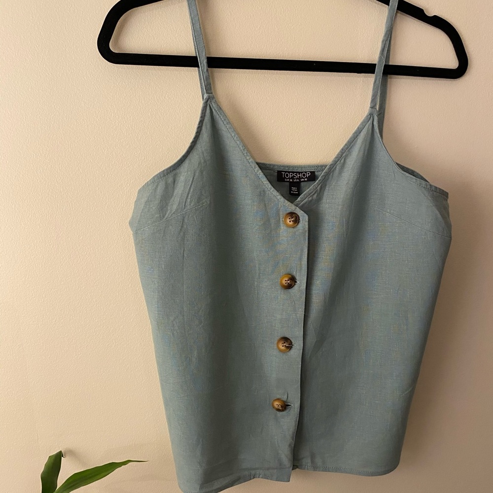 Blue/green thin strap, button up crop top.